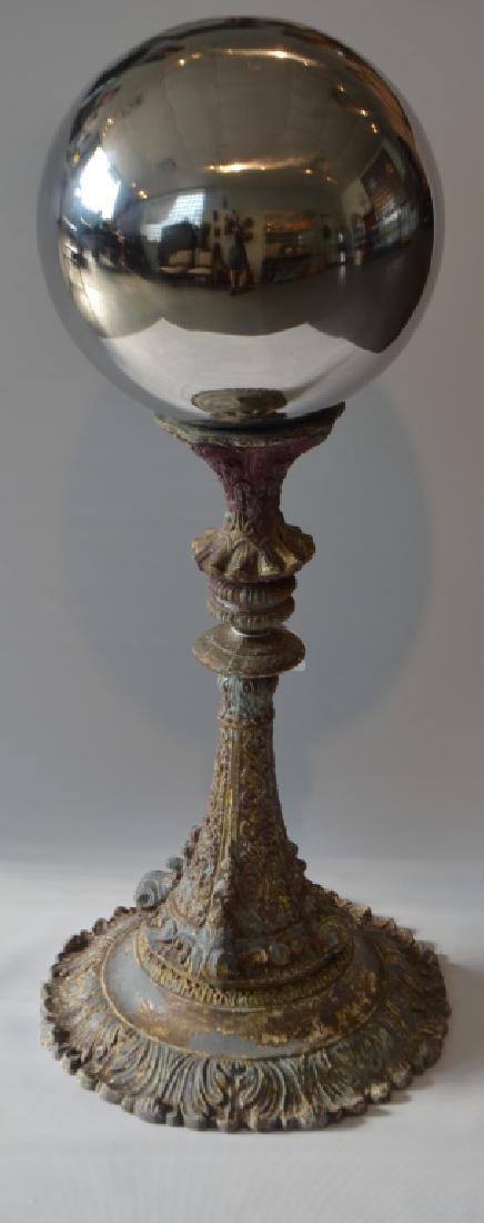 Antique Garden Stand with Gazing Ball: Mirror Ball on Antique Lead or Pewter Stand 22" height 33" height with Ball.