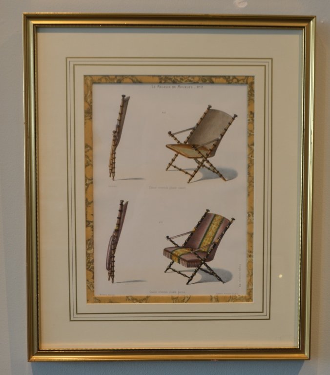 Pair of Framed French Furniture Prints: Each 17 1/4" x 20 3/4" framed.Le Magasin de Meubles Plate No. 17Salle Chaises Orientale Pliante Garnie