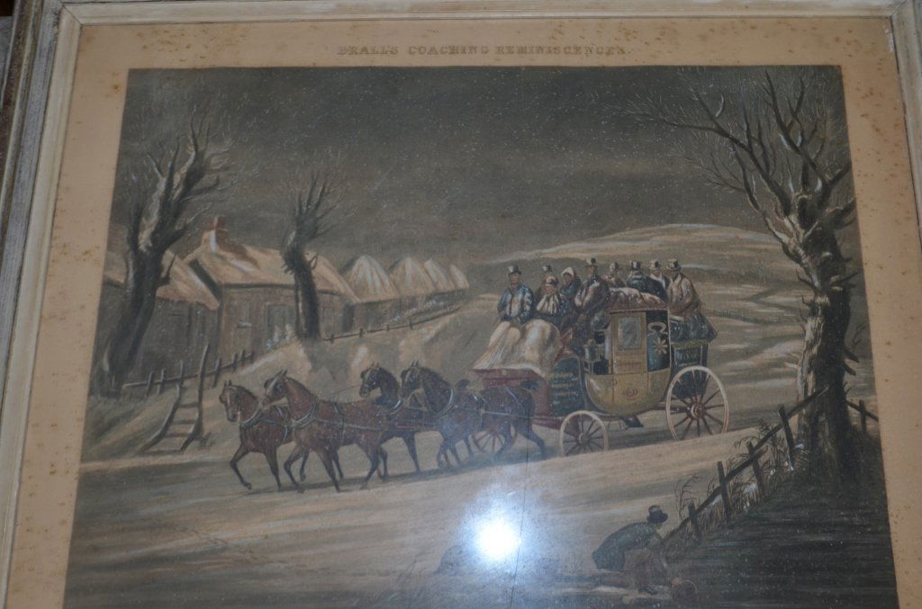 19th Century Engraving Winter Going North: London: Published March 12, 1869.Brall's Coaching Reminiscences.19" x 23" Framed. Some Foxing on the engraving. Please see all photos.