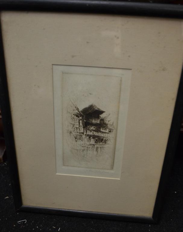 John Taylor Arms Original Etching: "Gable in Grand Rue, Lisleux" by John Taylor Arms (1887-1953). 6" x 3 1/2" in matting and glass frame. Wikipedia: