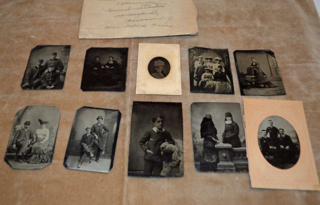 Lot of 10 Tintype Photos From The 1860's: 10 Tintype Photos from the 1860's. One features either Civil War soldiers, or Academy members. All 20 are in good condition for their age. One woman's face has been inexplicably marked out on one of t