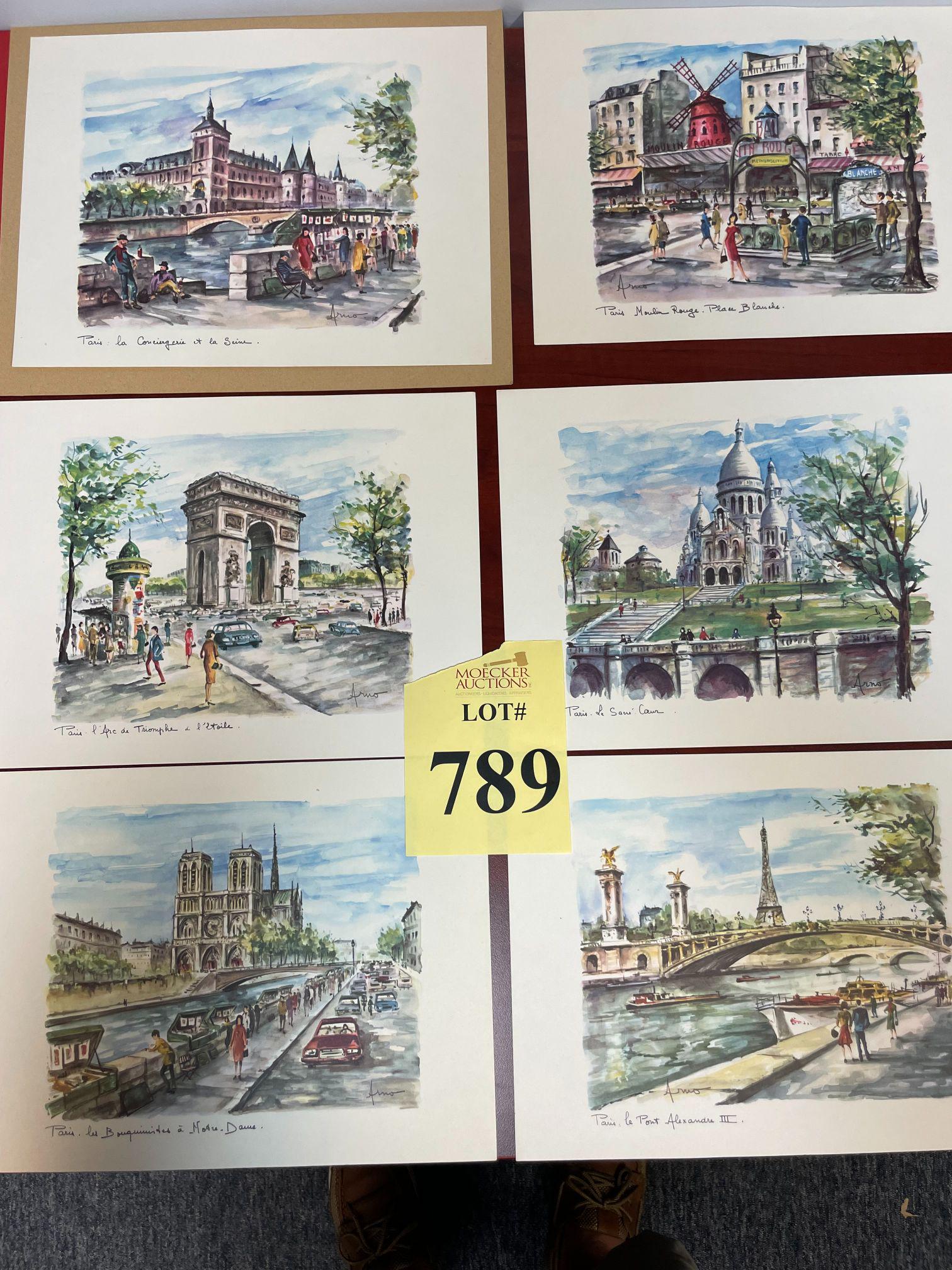 VINTAGE  PARISIAN WATERCOLOR PRINTS (6) SIGNED ARNO (1 of 7)