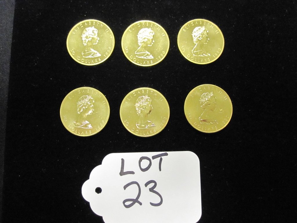 (6) 24k 1 OUNCE GOLD MAPLE LEAFS - DATED 1980 (1 of 3)