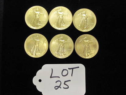 (6) 24k 1 OUNCE GOLD EAGLES - DATED 1987 ROMAN: NUMERALS MCMLXXXVII (NOTE: THIS LOT IS PART OF AN ASSIGNMENT FOR THE BENEFIT OF CREDITORS CASE OR RECEIVERSHIP CASE. THE HIGH BID WILL REQUIRE APPROVAL OF SALE BY THE ASSIGNEE OR RECEIVER. AUCTION IS