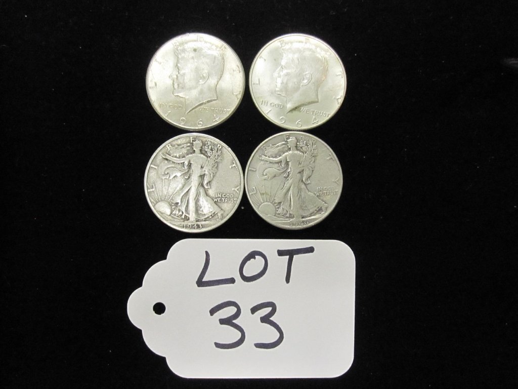 (4) SILVER HALF DOLLARS - (2) KENNEDY - 1964 & (2) (1 of 5)