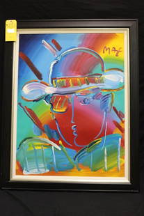 PETER MAX (B. 1937), UNTITLED, 1994: AMERICAN, 21ST CENTURY - ORIGINAL ACRYLIC ON CANVAS, DEPICTING HEAD OF MAN WITH HAT, SIGNED UPPER RIGHT "MAX" AND STAMPED ON THE REVERSE WITH MAX STUDIO AUTHENTICATION NUMBER "19721" AND SIGNED AND