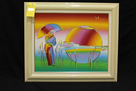 PETER MAX (B. 1937), UMBRELLA MAN IN RAINBOW BLEND: -VER I V, 1994AMERICAN, 21ST CENTURY - ORIGINAL ACRYLIC ON CANVAS, DEPICTS MAN HOLDING UMBRELLA, SIGNED UPPER RIGHT "MAX" AND STAMPED ON THE REVERSE WITH MAX STUDIO AUTHENTICATION NUMBER "21583" AND "