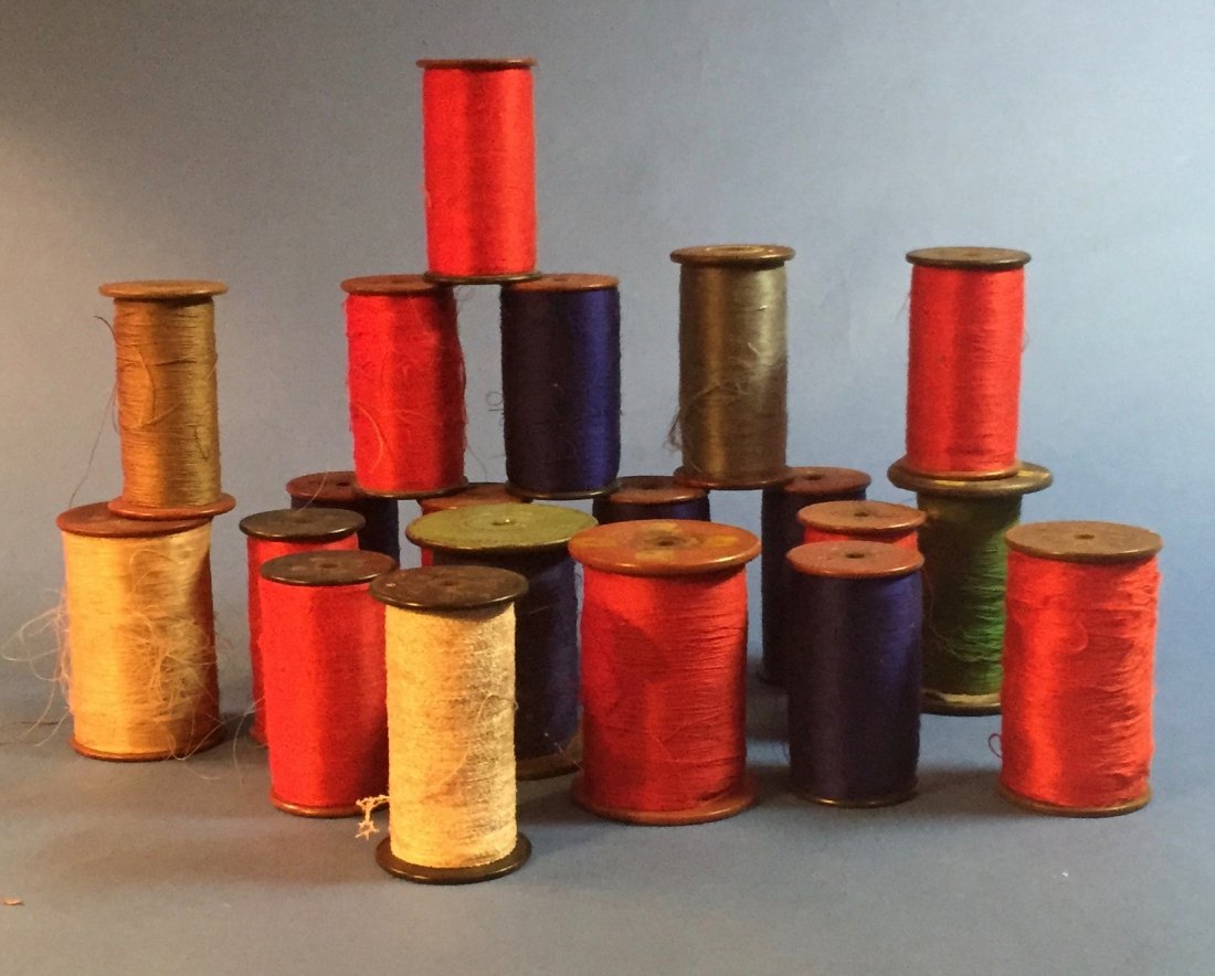 Vintage Lot of 20 Silk Spools: Vintage Lot of 20 Silk Spools including 9 Red, 6 Blue, 1 Green, 1 White, 1 Tan, 1 Grey, and 1 Brown. Items measure approximately 3.5"-4" tall and 2"-3" wide.