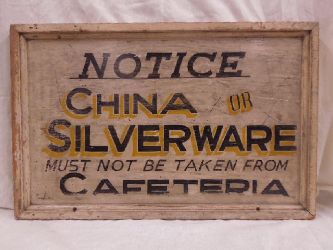 Painted Wood Cafeteria Trade Sign: Early 20th c. hand painted wood 18" (h) x 28 1/4" (l) Cafeteria trade sign. CONDITION: Areas with wear & or paint loss from age & usage.
