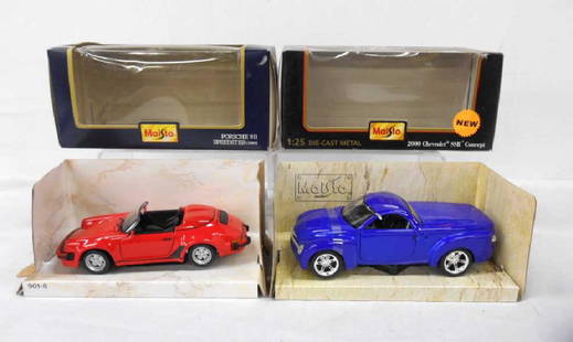 Maisto Porsche 911 & Chevy Concept Cars: Maisto International Inc. Special Edition 1:24 scale die cast metal 1989 Porsche 911 Speedster convertible & 2000 Chevrolet SSR Concept, both come with their original boxes. CONDITION: Both are in