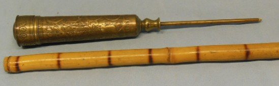 Brass Handled Gadget Cane: Brass Handled Gadget Cane, removable tapered Chinese hammered brass handle (with pick), Chinese symbols, dragon and clouds, removable cap end, medicine bottle, tweezers and brass cup inside, bamboo sh
