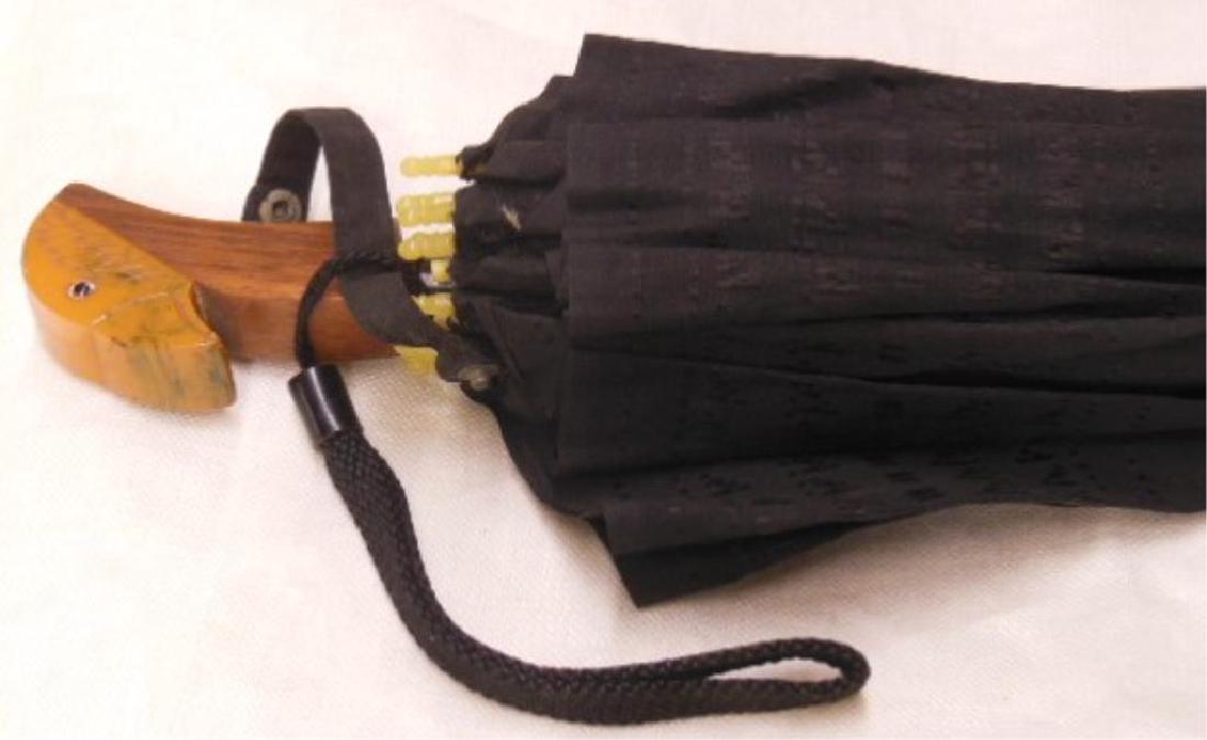Bakelite Bird's Head Umbrella: Bakelite Bird's Head Umbrella, rust color and engraved bakelite bird's head with glass eyes attaches to a grained wood bird's neck and black wood shaft, black cloth cover, with bakelite tips, 22 1/2' 
