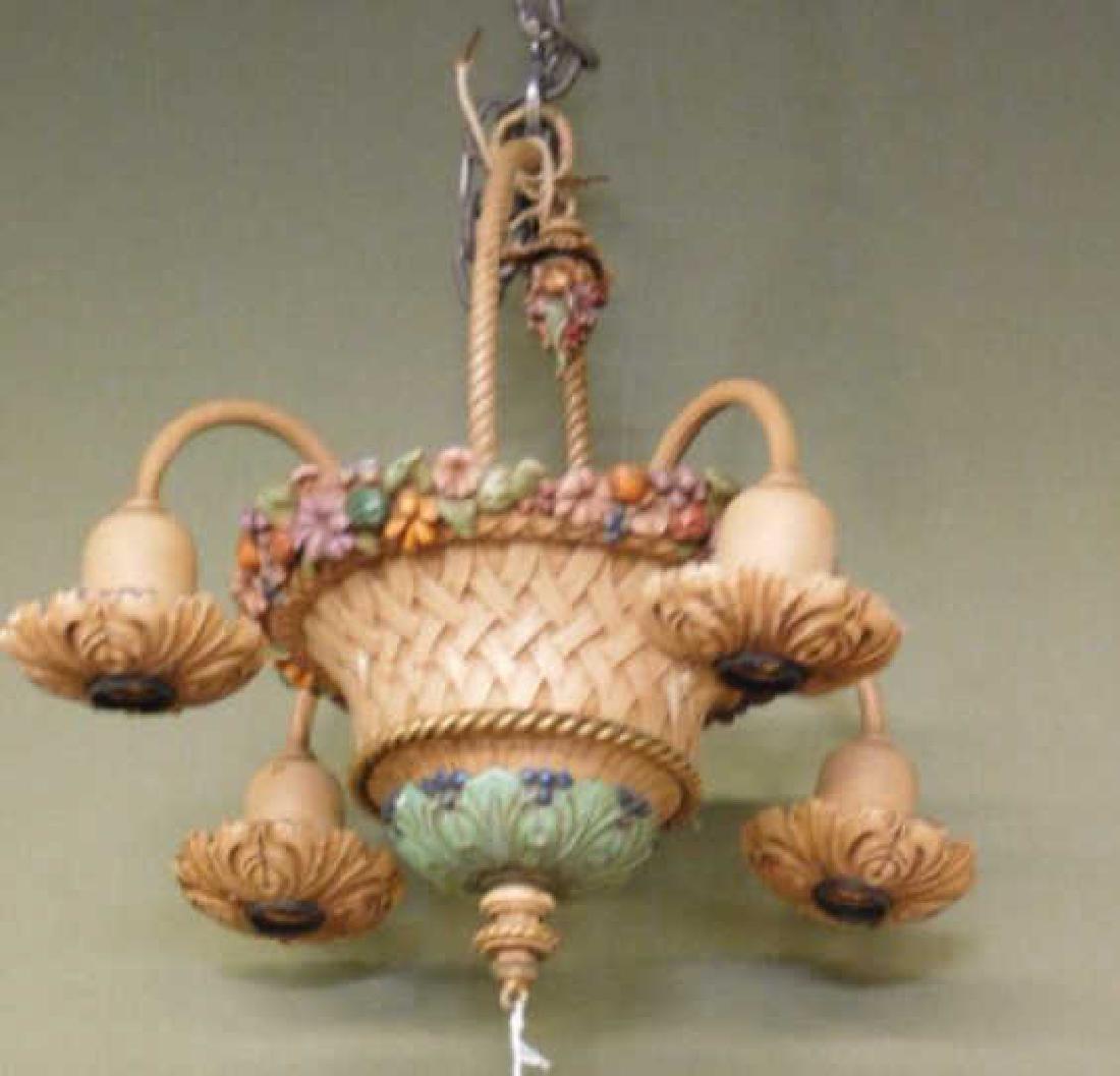 Art Deco Metal Chandelier: Art Deco chandelier, polychromed metal in basket form with floral rim & four pendant lights, electrified, 16" (h) x 14" (l). CONDITION: Very good.
