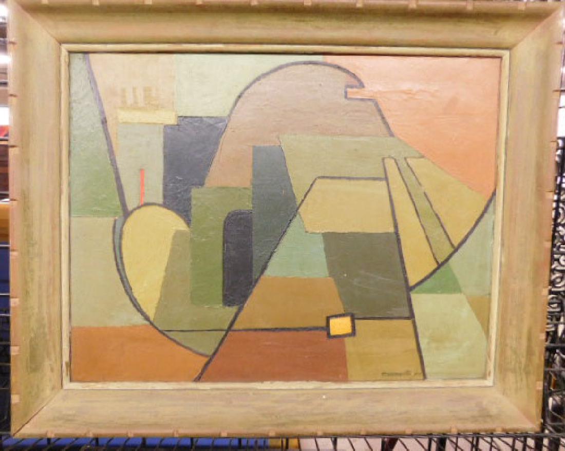 Robert Cromartie Oil Painting: [Robert] Cromartie 50 signed and dated 20" (h) x 26" (l) oil on canvas, untitled, depicts cubist composition, 31" (h) x 25" (l) overall frame size. CONDITION: Very good condition with wear on frame.