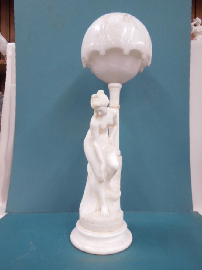 Sculptured Figural Marble Table Lamp: Sculptured Figural Marble Table Lamp, signed Prof Y. Del Comly, depicts female nude drying herself with a towel - she stands along side a column with an umbrella style domed shade, electrified, early 