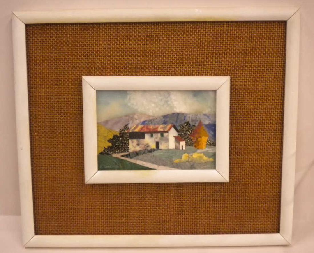 B. Lastrucci Pietra Dura Cottage Panel: B. Lastrucci Pietra Dura Cottage Panel, signed lower left,depicts cottage with mountain background white wood and burlap frame, mid 20th C., sight 5" x 3 1/2", frame 12 1/4" x 10 1/2". CONDITION: Mino