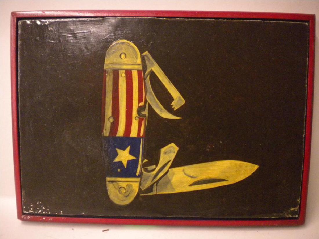 Bill Allen? Signed Oil on Wood Panel: Bill Allen? Signed Oil on Wood Panel, depicts a flag decorated open pocket knife or a dark solid field, red painted wood frame, signed on verso and dated 1965, 7 1/2" x 10 1/2". CONDITION: Areas of wh
