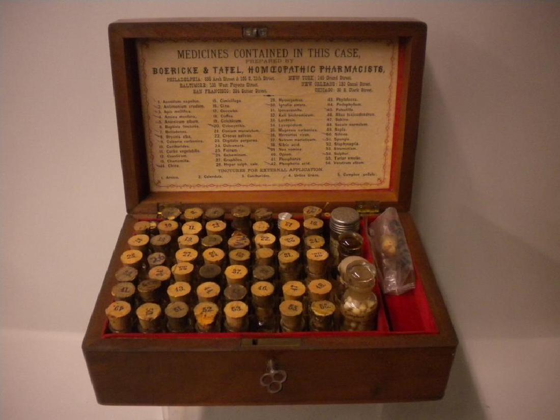 19th C. Pharmacist Medicine Case: 19th C. Pharmacist Medicine Case, "Boericke & Tafel, Homeopathic Pararmacists" , mahogany lift lid locking case with key and oval brass lid medallion, fitted with a red velour interior holding 58 labe