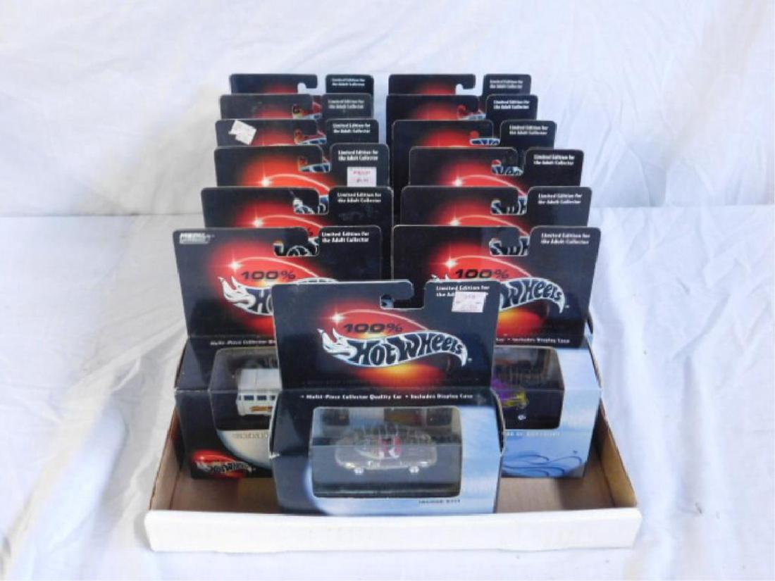 100% Hot Wheels Series Vehicles: Lot of 13 assorted 2001 Mattel Hot Wheels die-cast 100% Hot Wheels Series vehicles with display cases, still sealed in their original packaging. CONDITION: Minor wear on packaging.