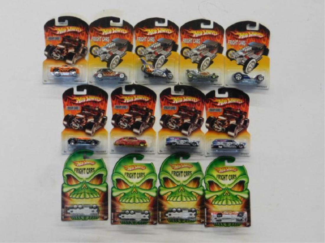 2007-2009 Hot Wheels Fright Cars: Lot of 13 assorted 2007-2009 Mattel Hot Wheels die-cast Fright Cars, still sealed in their original blister packaging. CONDITION: Wear on packaging.