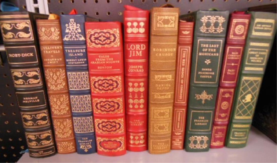 10 Franklin Library Leather Bound Books: 10 Franklin Library Leather Bound Books, from the 100 Greatest Book of All Time Collection, 1970's-80's featuring: two 1974, Moby Dick and Gulliver's Travels, one 1975, Treasure Island, three 1977, Ta