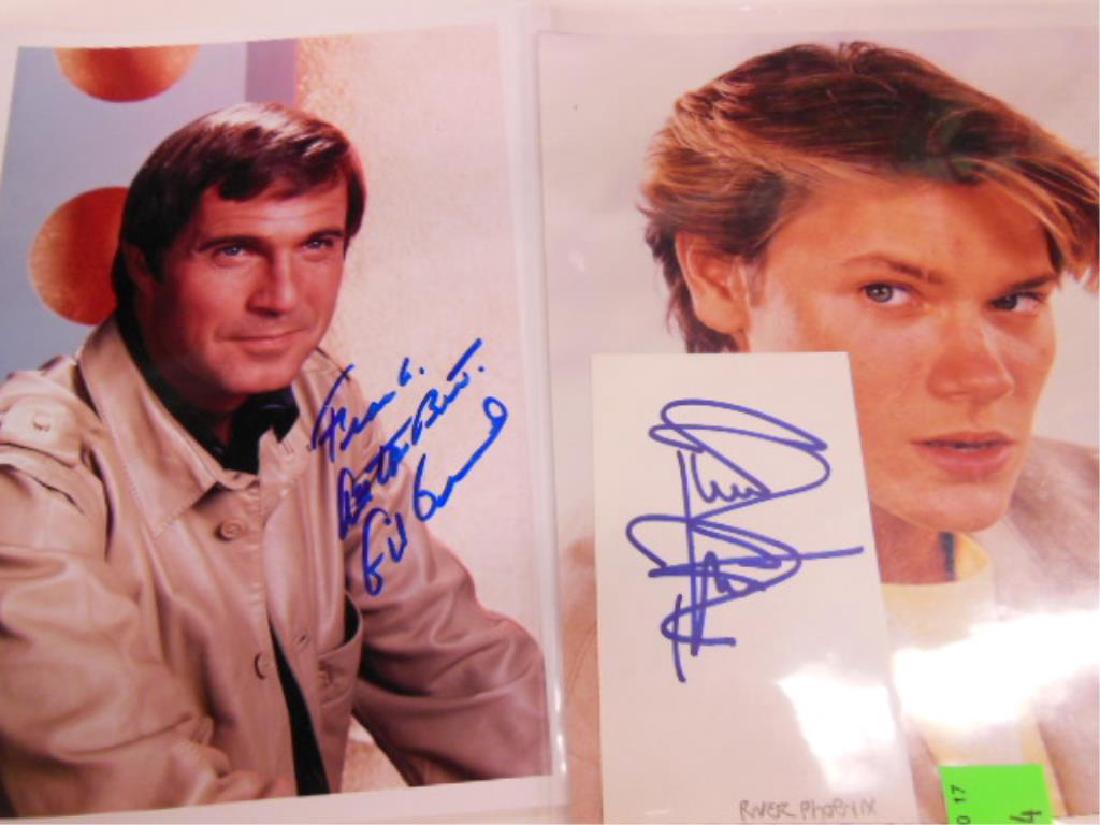 14 Signed Celebrity Photos: Fourteen Signed Celebrity Photos including: River Phoenix (on card with color photo), Dirk Benediet (color with two unsigned photos), Ron Palillo, Bernie Kopell, Bill Daley, Mike Connors, two Margaret