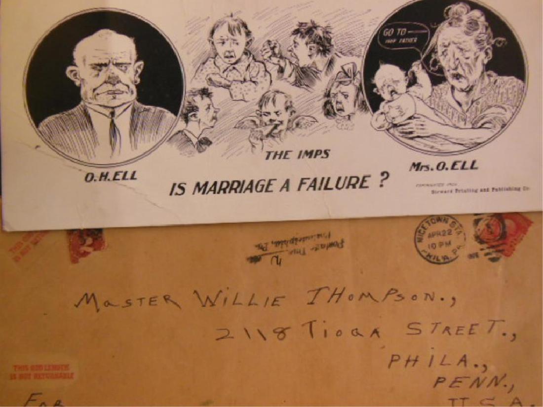 1905 Stewart Printing Card: 1905 Stewart Printing Card, 1st Marriage a failure? with O.H.Ell, the Imps and Mrs. O. Ell, on cardboard, 5" x 11" in brown paper folded envelope, addressed and postmarked "Four Mamma's Boy", stamped 