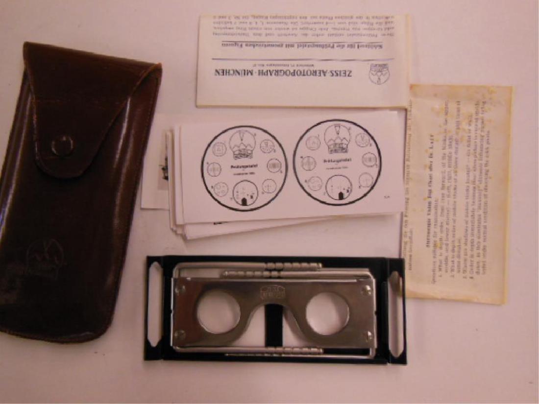 Vintage Zeiss Aerotopo Pocket Stereo Scope: Vintage Zeiss Aerotopo Pocket Stereo Scope, German, IU stamped leather case with nineteen stereoscopic cards (one duplicate), including one test chart for stereoscopic vision (card 306) and two instru