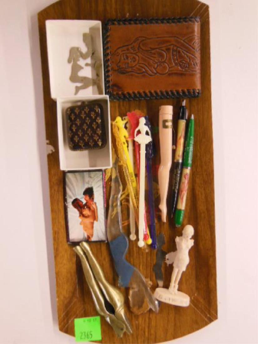 Vintage Naughty & Pin-up Advertising & other Items: Vintage Naughty & Pin-up Advertising & other Items, advertising: six plastic swivel sticks, two pin-up pens (one with disappearing dress), HPL Mfg Co. nude art, plus erotic man and woman mechanical, p