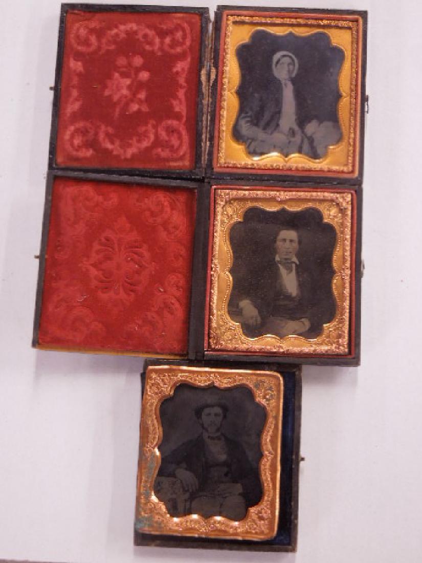 (3) 19th C. Ambrotype: Three 19th C. Ambrotype, all 1/6 size portraits, featuring: two in cases, 3 1/4" x 3 3/4", under glass with metal matt in gold foil frame, one man and one woman, plus one loose portrait of man with ha