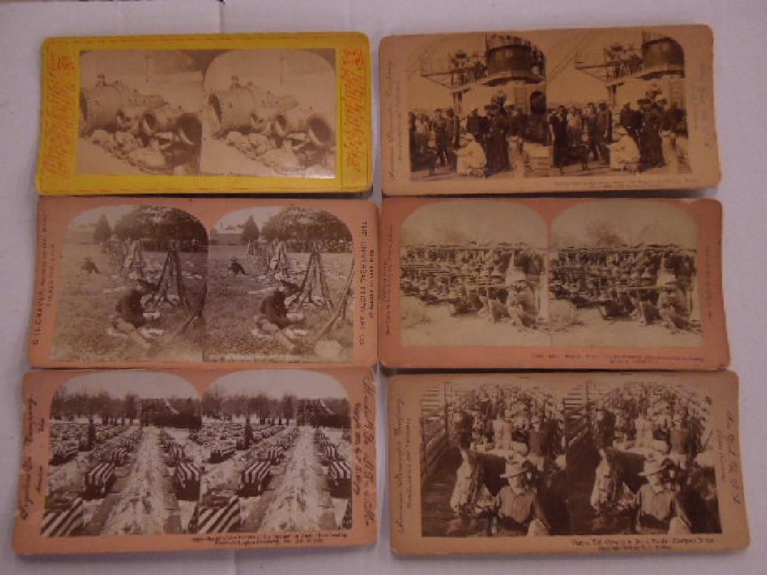 16 Military Themed Stereoscopic Cards: including: American Stereoscopic Co., C.H. Graves, Keystone and other photographic studios, Spanish American War - WWII, plus one stereo views, Vienna Arsenal, 3 1/2" x 7" each. CONDITION: Some wear t