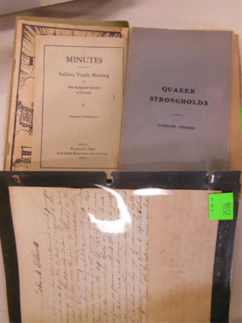 19th & 20th Quaker Friends Ephemera: Lot of assorted 19th & 20th C. ephemera, relating to the Quaker Religious Society of Friends, includes: 1837 poetry book belonging to Sally Ann Ellicott, 1841 letter / speech by John M. Ellicott, 1888