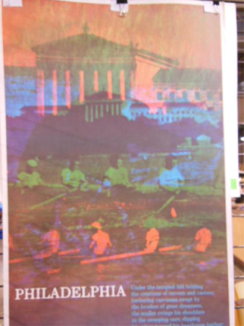 Eugene Feldman Philadelphia Poster: 1970 Eugene Feldman designed unframed "Philadelphia City of Myriad Moods" 38" (h) x 25" (l) offset lithograph promotional poster, printed for Philgraf Inc. by Pearl Pressman Liberty In. of Philadelphi