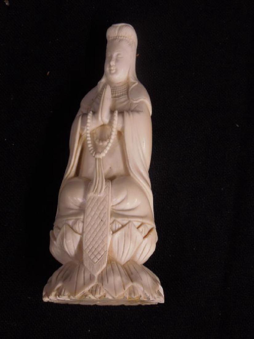 Chinese Quan Yin Carving: Chinese Quan Yin Carving seated in prayer with beads upon a lotus blossom, late 19th early 20th c. hgt 5 3/4". CONDITION: Very good, no issues noted. No wood base, NO INTERNATIONAL SHIPPING or CALIFOR