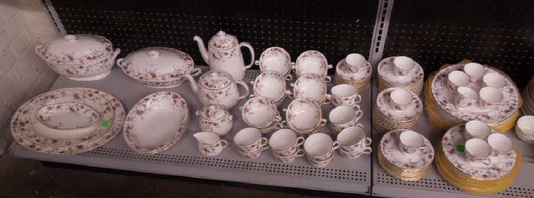 Minton Ancestral Pattern China Set: Circa 1951-1991 Minton English Bone China Ancestral S-376 pattern 107 piece china set, includes: (12) 10 5/8"d salad plates, (12) flat cups, (12) saucer for flat cups, (12) Flat demitasse cups, (12) s