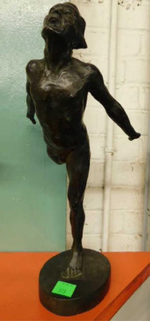 C. Vez Nude Male French Bronze: Early 20th c. C. Vez signed French bronze. 16"h x 13"l sculpture, untitled, depicts a nude male with outstretched arms & right leg, Cire Perdue A.G. Paris Foundry mark along base rim. CONDITION: Areas