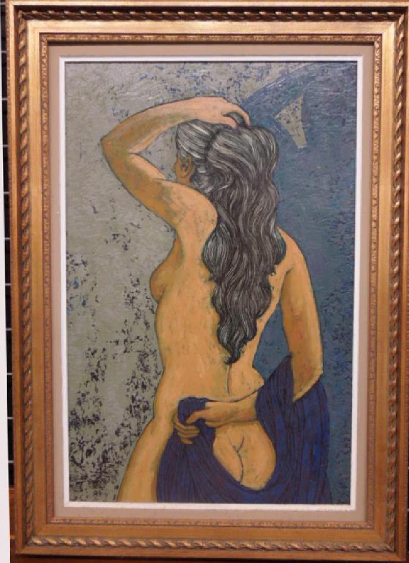 William Coombs on Masonite: William Coombs, oil on masonite 3/4 female nude study, in basic buffet technique, circa 1965, not signed, certificate of authenticity on verso; carved and gilt frame, 21 1/2"x 33" = sight 29 1/2" x 41