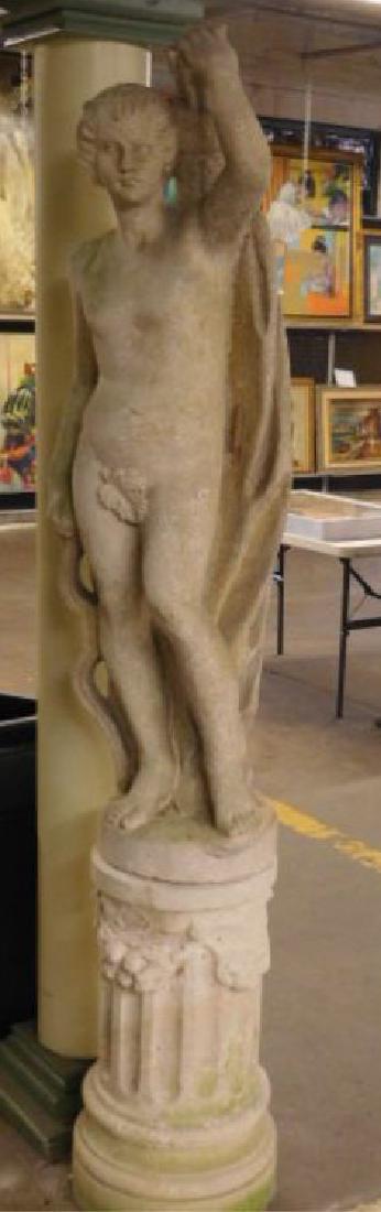 Garden Classical Nude Male Figure Sculpture: Garden Classical nude male figure sculpture, cement, rest upon a 2 part pedestal base, overall hgt 7', mid 20th c. weight estimated at 300 to 400 lbs. CONDITION: Weathered, chips along bases & top of 