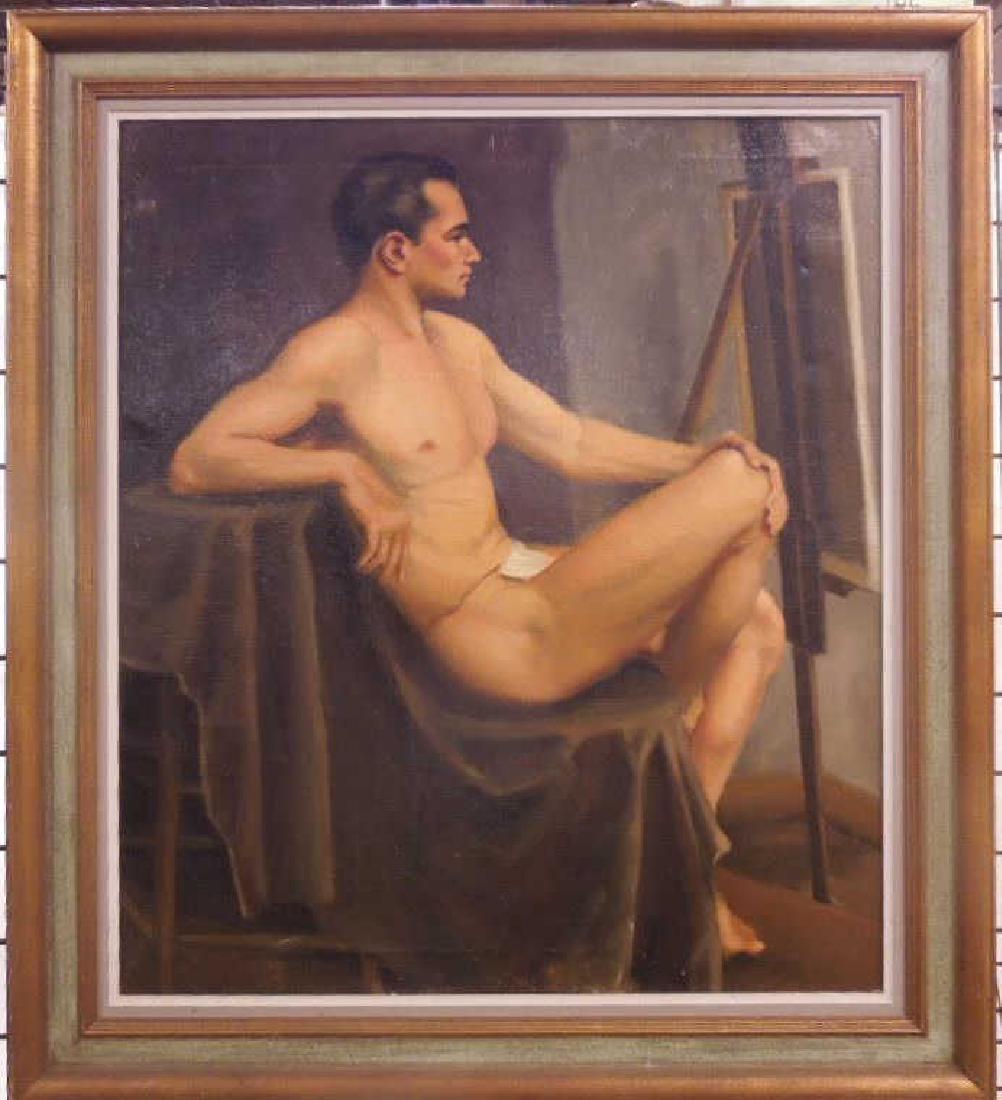 James Montgomery Flagg Oil on Canvas: James Montgomery Flagg signed (verso on canvas) 32" (h) x 28" (l) oil on canvas, untitled, depicts a portrait of a seated nude male, 38 3/4" (h) x 34 1/2" (l) overall size framed. [1260] CONDITION: Ve