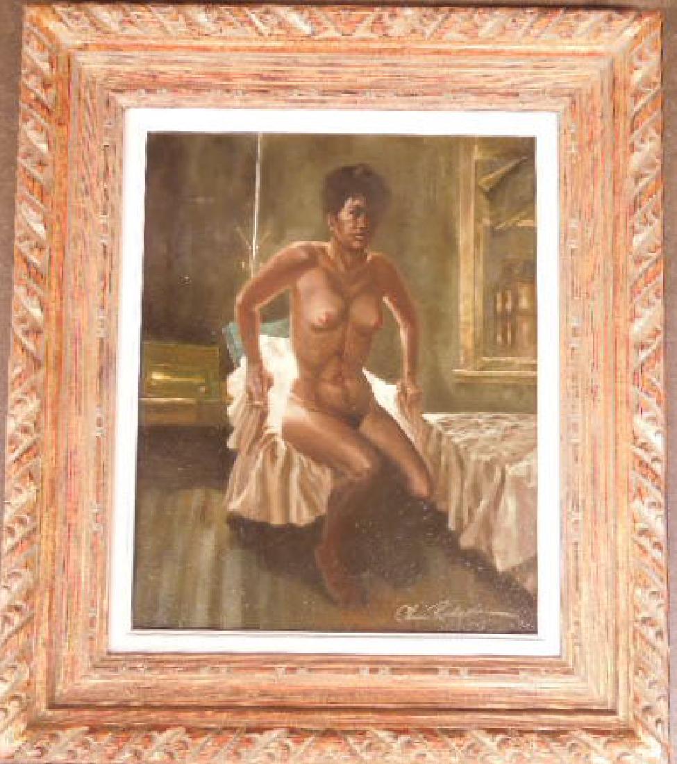 Chas Rogers, Nude Female, Acrylic on Masonite: Chas Rogers, acrylic on masonite, black female nude, seated in bedroom, signed lower right, carved wood frame, 16" x 20" = sight, 25 1/2" x 29 1/2" = frame. (54). CONDITION: Minor spotting and crazing