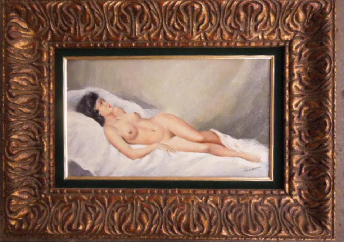 Female Nude o/c: Illegibly signed, oil on canvas, reclining female nude, signed lower right, gilt and carved frame. 16" x 9 1/2" = sight, 24" x 17 1/2" = frame (1223). CONDITION: Very good, no issues identified.