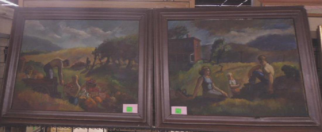 Pair John Ward Farm Scene Paintings: Pair John Ward Farm Scene Paintings, oil on canvas, signed "Ward" on verso, depicts "Apple Pickers", "Family Picnic", 20" x 26 1/2". Provenance acquired by current owner from the dealer who purchased