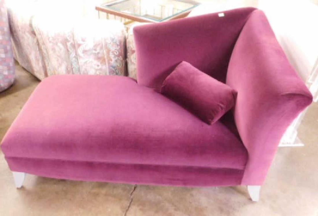 Modern Era Chaise Lounge: Modern Era Chaise Lounge, sloping triangular back, purple velour upholstery, silver finished wood feet, late 20th C., 34" x 58" x 35". CONDITION: Modest wear, primarily on feet.