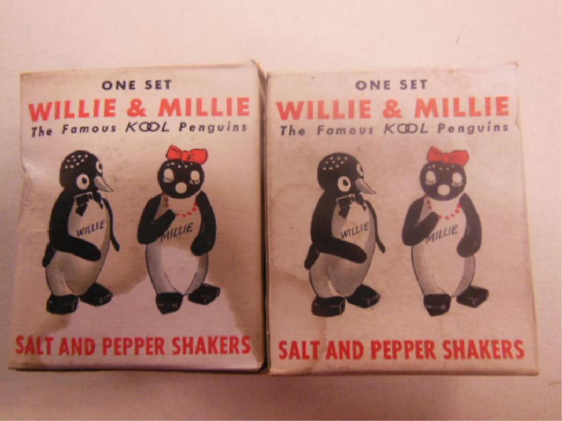 2 Pr Willie & Millie Salt & Peppers: 2 pair Willie & Millie Salt & Peppers, New Old stock in unopened original illustrated boxes, "The famous Kool Penguins, mid 20th C., each 3" x 2" x 3 1/2". CONDITION: Soiling to boxes.