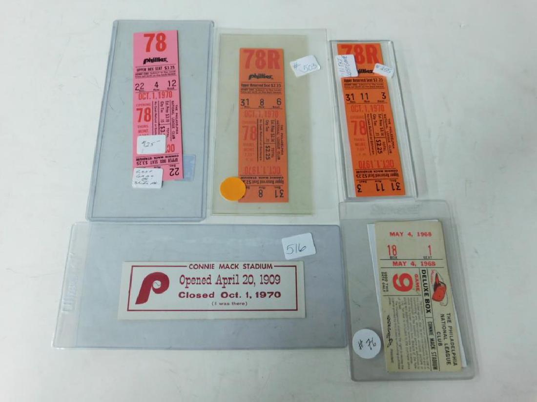 Connie Mack Stadium Admission Tickets: Connie Mack Stadium Admission Tickets, including: three last game tickets, Oct 1, 1970, in plastic or hard plastic, plus Connie Mack Stadium sticker "Opened, April 20, 1909, closed Oct 1, 1970, (I was