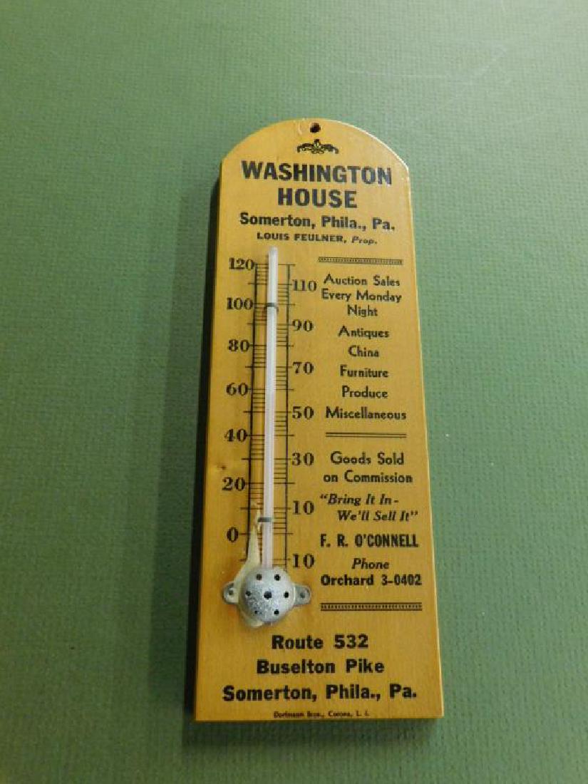 Thermometer "Washington House": Thermometer "Washington House", Somerton, Philadelphia, PA, Louis Feulnor, Prop. "Auction Sales Every Monday Night", wood, early 20th C., 3" x 8 1/2". CONDITION: Very good, working condition, oxidatio