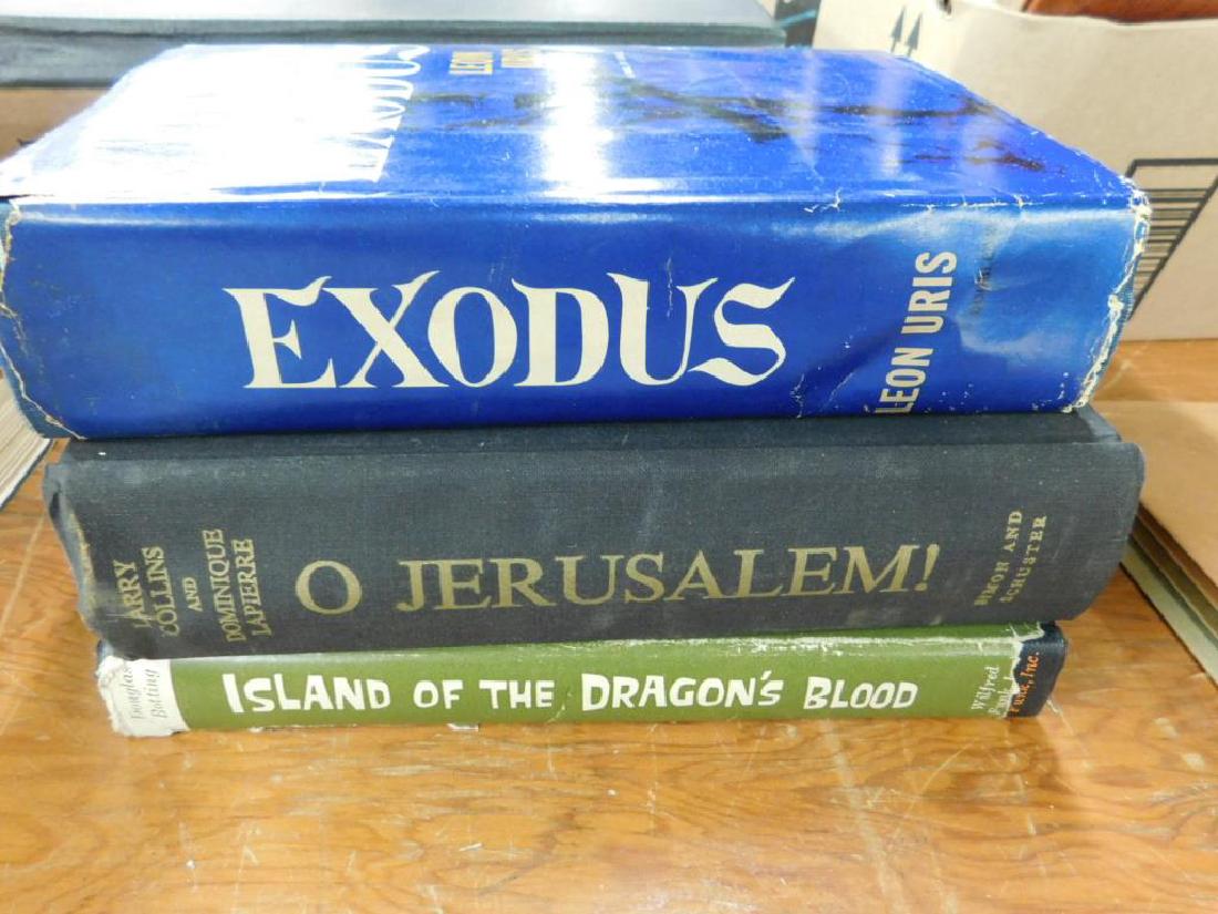 3 Books: Three Books "Exodus", Leon Uris, 1958, Doubleday & Co. Inc. with dust cover, "O Jerusalem/1". Larry Collins and Dominique La Pierre,1972, Simon& Schuster; "Island of the Dragon's Blood", Douglas Botti