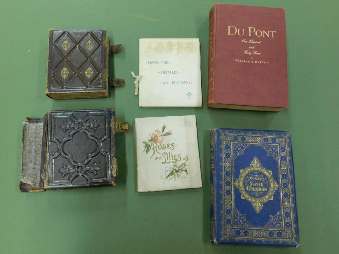 2 Volumes & 2 Photo Albums, etc.: 2 Volumes & 2 Photo Albums, etc. includes: "The Poems of Oliver Goldsmith" 1860 London, Illustrated in tooled & gilt bending; "Dupont One hundred and forty years" by William S. Dutton, 1942 Scribner P
