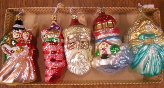 5 Hand Painted Glass Christmas Ornaments: including ; Santa, 4 1/2", and (4) 5 1/2", Witch, Stocking, Angel and Lighthouse, all with caps and tree form hangers Condition; minor wear