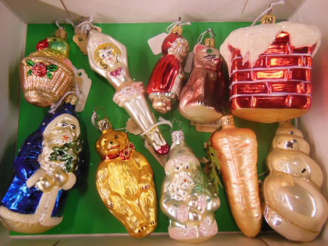 10 Hand Painted Glass Christmas Ornaments: including; (2) Santa (1, 4" and 1, 5"), chimney, 3 7/8", bear, 4 1/2", cat, 3 5/8", conch shell, 4 1/2" Red Riding Hood, 3 3/4", parrot in basket, 3 1/2", carrot, 4 1/2" and ballerina, 6", all with ca
